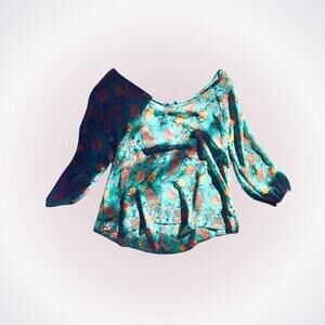 Sheer Teal Floral Paisley Peasant Top | Sz S (NO SIZE TAG)
